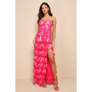 Lulus Definite Glamour Hot Pink Sequin Strapless Bustier Maxi Dress - Size S
